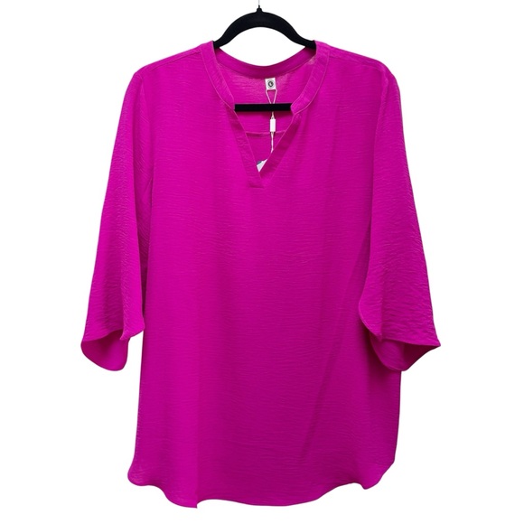 ASKYES Fuchsia Pink Chiffon V Neck Blouse 3/4 Flutter Sleeves Tunic Large - Picture 3 of 8
